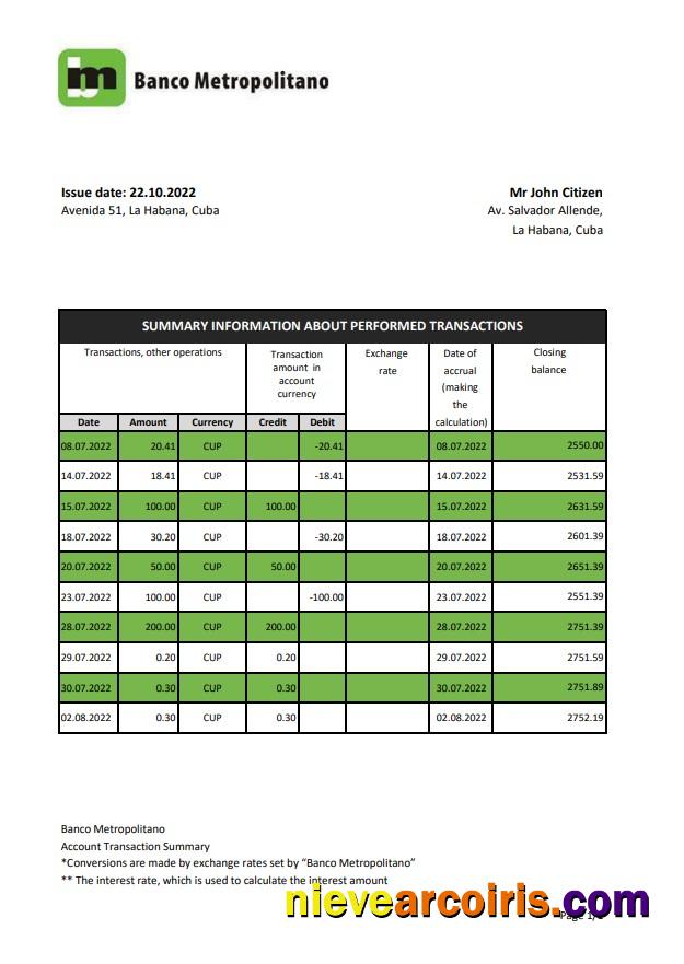 Cuba Banco Metropolitano bank statement xls
